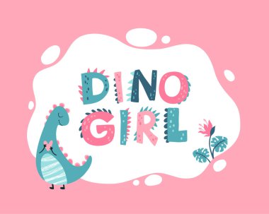 Dino kız fotoğraf çerçevesi, metin ya da davetiyeler için şablonlar. Pembe paletli komik çizgi film karakterinin vektör çizimi. Elle çizilmiş İskandinav tarzı bir karalama
