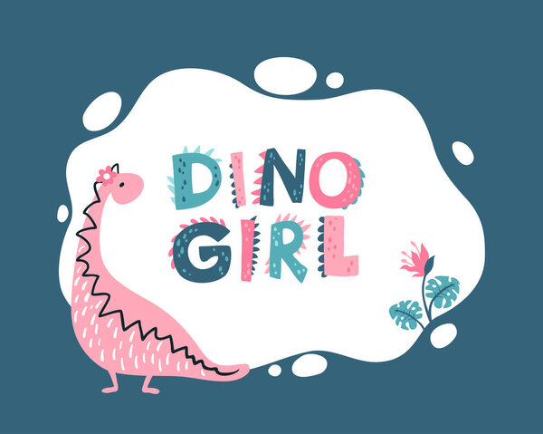 Girly Dino photo frame, templates for text or invitations. Vector illustration of funny cartoon character in pink palette. Doodle in a hand-drawn Scandinavian style