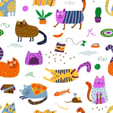 Kediler kusursuz desen. Farklı pozlardaki komik renkli karakterler bir evin içinde. Çocuk Vektörü basit İskandinav tarzında el yapımı bir illüstrasyon, bebek tekstili ve kumaş basımı için ideal.