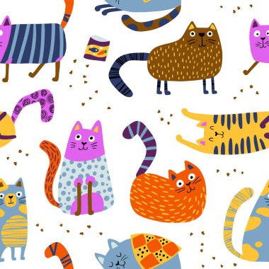 Kediler kusursuz desen. Farklı pozlardaki komik renkli karakterler ve bir sürü yemek. Çocuk yuvası çocukları, basit İskandinav tarzında, bebek tekstili basmak için ideal, elle çizilmiş.