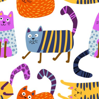 Kediler kusursuz desen. Farklı pozlardaki komik renkli karakterler. Basit İskandinav tarzında elle çizilmiş vektör çizimi. Bebek tekstil ve kumaşları basmak için çocuk bakıcılığı geçmişi ideal.