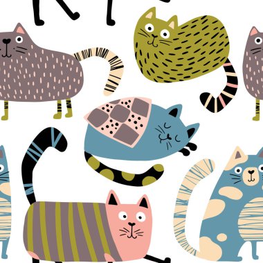 Kediler kusursuz desen. Farklı pozlardaki komik karakterler. Çocuk odası vektörü basit İskandinav tarzıyla elle çizilmiş. Pastel palet bebek tekstil ve kumaşları basmak için ideal