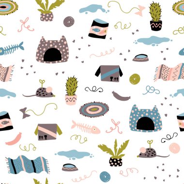 Kusursuz desenli komik evcil kedi pisliği dağınık oyuncaklar ve yiyecek. Çocuk Vektörü, basit İskandinav tarzında, bebek tekstil ve kumaşları basmak için ideal, pastel palette elle çizilmiş bir resimdir.