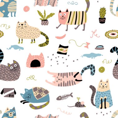 Kediler kusursuz desen. Farklı pozlardaki komik karakterler, ev dağınıklığı. Çocuk Vektörü basit İskandinav tarzında el yapımı illüstrasyon, bebek tekstil ve kumaşları basmak için ideal pastel palet