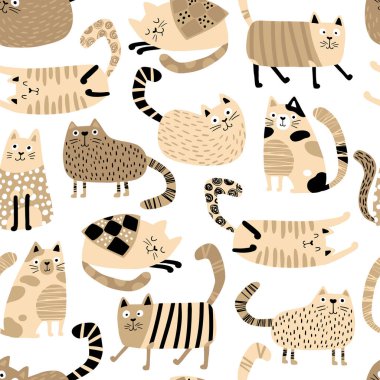 Kediler kusursuz desen. Farklı pozlardaki komik karakterler. Çocuk odası vektörü basit İskandinav tarzıyla elle çizilmiş. Pastel palet bebek tekstil ve kumaşları basmak için ideal