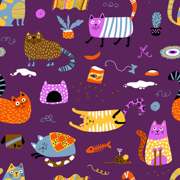 Cats seamless pattern. Funny colorful characters in different poses in a house mess. Nursery Vector hand-drawn illustration in simple Scandinavian style, ideal for printing baby textiles, fabrics