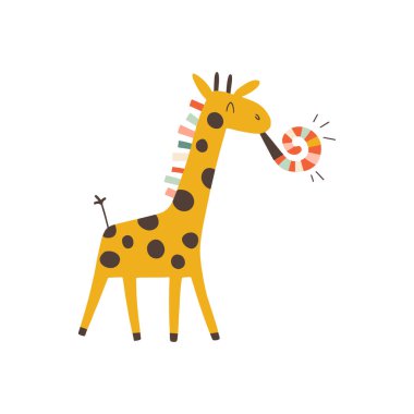 Neşeli bir zürafa, neşeli bir üfleyiciyi uçurur. Basit bir el çizimi tarzında neşeli bir çizgi film karakteri. Beyaz arkaplanda pastel vintage palette vektör izole