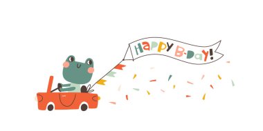 Kırmızı üstü açık bir arabada doğum günü afişi olan küçük bir kurbağa. Basit bir el yapımı çocuksu bir çizgi film karakteri. Beyaz arkaplanda pastel vintage palette vektör izole