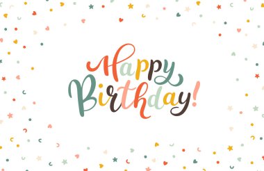 Konfeti ve el yazması harflerle birlikte mutlu yıllar. Basit el çizimi modern tarzda vektör illüstrasyonu. Pastel vintage palet. İzole et