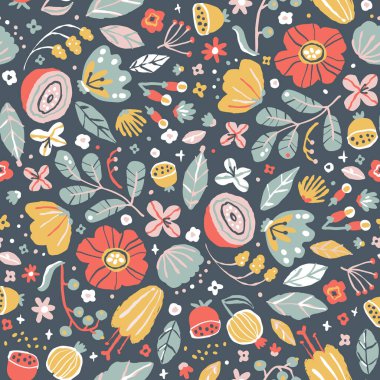 Çizim tarzında yaratıcı, kusursuz desenler. Vektör el, sınırlı pastel palette çiçek açan çiçek ve bitkilerin resimlerini çizdi. Tekstil, ambalaj, kumaş yazdırmak için soyut arkaplan