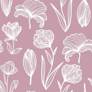 Son moda çiçeksiz desen. Eflatun renkte muhteşem bitki ve çiçeklerin el çizgileri. Zambakların, orkidelerin, gelinciklerin ve lalelerin vektör çizimleri