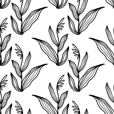 Son moda çiçeksiz desen. Beyaz arka planda, el çizimi siyah, fantastik çiçek çizgileri. Tropikal bitkilerin vektör çizimi.