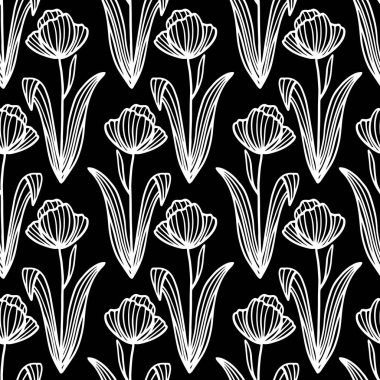 Son moda çiçeksiz desen. Siyah arka planda el çizimi, beyaz, fantastik çiçek çizgileri. Şekillendirilmiş haşhaş veya lalenin vektör çizimi