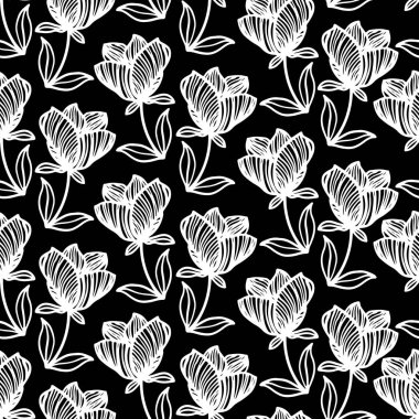 Son moda çiçeksiz desen. Siyah arka planda el çizimi, beyaz, fantastik çiçek çizgileri. Şekillendirilmiş haşhaş veya lalenin vektör çizimi