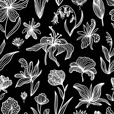 Modaya uygun bir çiçek geçmişi var. Siyah arka planda beyaz, fantastik renkler çizilmiş. Şekillendirilmiş orkide, haşhaş, zambak, lale çizimi