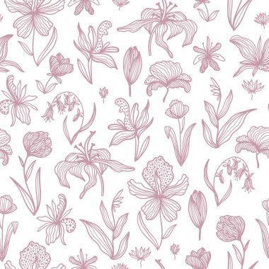 Son moda çiçeksiz desen. Eflatun renkte muhteşem bitki ve çiçeklerin el çizgileri. Zambakların, orkidelerin, gelinciklerin ve lalelerin vektör çizimleri