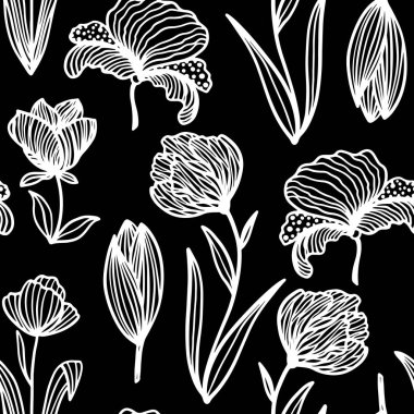 Modaya uygun bir çiçek geçmişi var. Siyah arka planda beyaz, fantastik renkler çizilmiş. Şekillendirilmiş orkide, haşhaş, zambak, lale çizimi