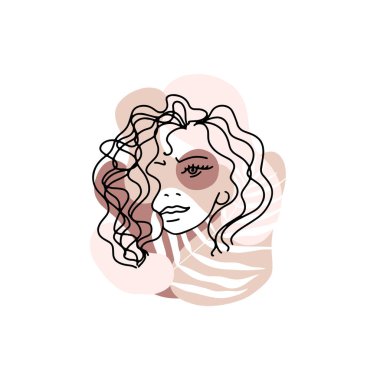 Palmiye yaprakları ve farklı ten renginde soyut lekeleri olan bir kadının trend portresi. El çizimi minimalist çizgiler. Sosyal ağlar için izole vektör illüstrasyonu ideal