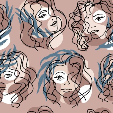 Palmiye yapraklı kadın portreleri ve farklı ten renklerinde soyut pastel lekeler ile eğilim gösteriyorlar. El çizimi minimalist çizgiler. Tekstil için izole vektör illüstrasyonu ideal