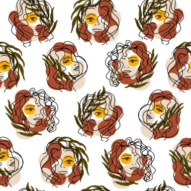Palmiye yaprakları ve soyut terakotta, bej ve sarı benekli kadın portreleri ile trendsiz desen. El çizimi minimalist çizgiler. Tekstil ve kumaş için izole vektör çizimi ideal