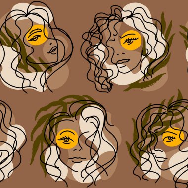Palmiye yapraklı kadın portreleri ve farklı ten renklerinde soyut lekeler ile eğilim gösteriyorlar. El çizimi minimalist çizgiler. Tekstil ve kumaşlar için izole vektör çizimi ideal