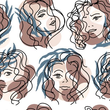 Palmiye yapraklı kadın portreleri ve farklı ten renklerinde soyut pastel lekeler ile eğilim gösteriyorlar. El çizimi minimalist çizgiler. Tekstil için izole vektör illüstrasyonu ideal