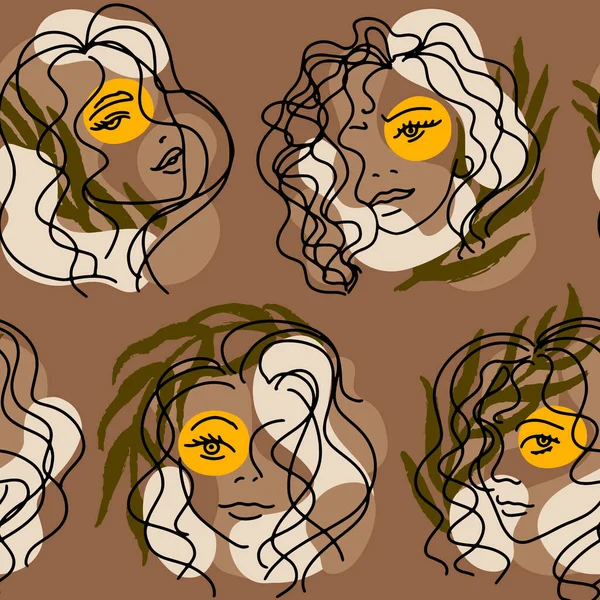 Palmiye yapraklı kadın portreleri ve farklı ten renklerinde soyut lekeler ile eğilim gösteriyorlar. El çizimi minimalist çizgiler. Tekstil ve kumaşlar için izole vektör çizimi ideal