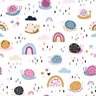 Yağmurda dikişsiz gökkuşağı salyangozları. Renkli trend renklerinde yaz kreş vektör arka planı. Sınırlı palette basit İskandinav tarzında el çizimi çocuksu çizimler.