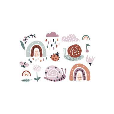 Yağmurda gökkuşağı salyangozu. Yaz vektörü dünyevi trend renkleriyle belirlendi. Sınırlı paletli basit İskandinav tarzında el çizimi naif çizimler. Beyaz arkaplanda izole et.