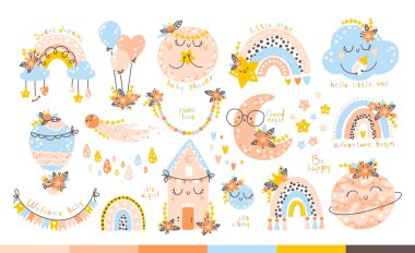 Çocuk odası seti. Elle çizilmiş İskandinav karikatür tarzında şirin bebek duş elementlerinin vektör koleksiyonu. Gökkuşağı, gezegen, ay, yüzlü bulutlar. Sınırlı pastel palet