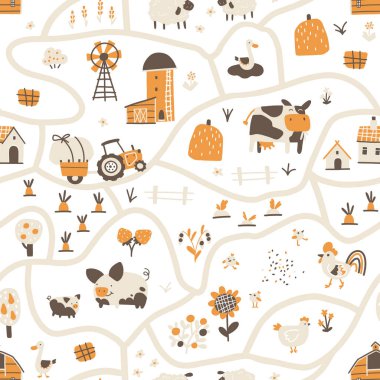 Çiftlik haritası kusursuz desen. Evcil hayvan, ev hayvanı, traktör ve bahçeli ahır gibi komik karakterleri olan vektör el yapımı bir yol. Moda karalama İskandinav tarzı, bej rengi nötr palet