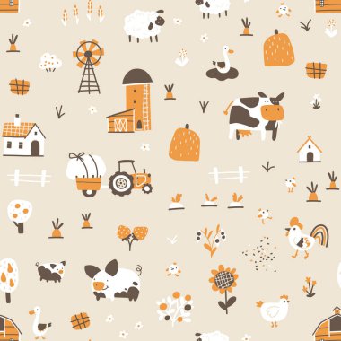 Çiftlik çizgi filmi kusursuz desen. Evcil hayvanların, kırsal bölgelerin, traktör bahçeli evlerin ve kulübelerin komik el çizimleri. Moda karalama İskandinav tarzı, bej cinsiyet nötr palet