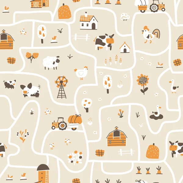 Çiftlik haritası kusursuz desen. Evcil hayvan, ev hayvanı, traktör ve bahçeli ahır gibi komik karakterleri olan vektör el yapımı bir yol. Moda karalama İskandinav tarzı, bej rengi nötr palet
