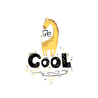 Şirin bir çocuk odası posteri, zürafalı basit bir el çizimi karikatürü. Renkli Vektör İllüstrasyonu. Harf