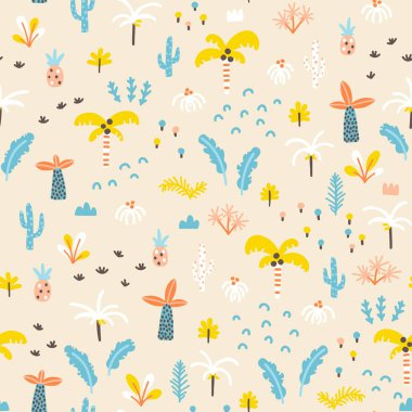 Tropikal ormanın dikişsiz deseni. Palmiye ağaçları ve bitkiler basit bir İskandinav çizim tarzında. Bebek kıyafetleri, tekstil kumaşları için bebek bezi paleti. Vektör çizgi arkaplanı.