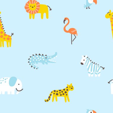 Tropical jungle seamless pattern. Cute wild animals in a simple hand-drawn Scandinavian doodle style. Nursery pastel palette is ideal for printing baby clothes, fabrics. Vector cartoon background