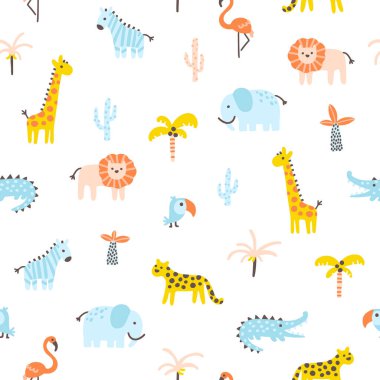 Tropikal ormanın dikişsiz deseni. Hayvanlar ve avuçlar. Basit İskandinav karalama stili. Çocuk odası pastel paleti bebek kıyafetleri kumaşları basmak için idealdir. Vektör çizgi arkaplanı