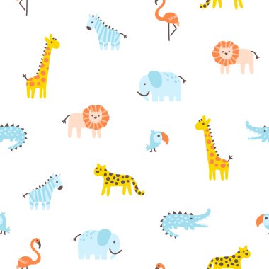 Tropical jungle seamless pattern. Cute wild animals in a simple hand-drawn Scandinavian doodle style. Nursery pastel palette is ideal for printing baby clothes, fabrics. Vector cartoon background