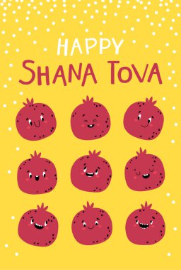 Shana Tova tebrik kartı, Rosh Hashanah tebrik kartı, bayram sembolü, bal arkaplanda nar. Farklı duyguları olan komik karakterler. Yahudi Yeni Yılı. Çocuksu vektör illüstrasyonu.