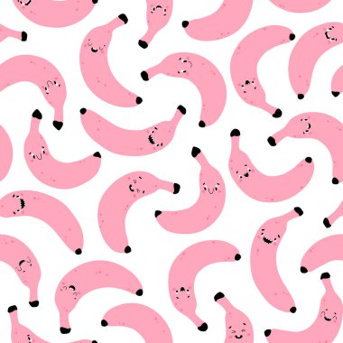 Muz Modern yaratıcı kusursuz desen. Mutlu yüzlü komik pembe karakterler. Basit İskandinav tarzıyla çizilmiş vektör karikatür çizimi. Bebek ürünleri basmak için ideal.