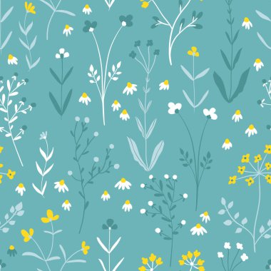 Çiçeklerin dikişsiz deseni. Elle çizilmiş basit İskandinav tarzında vektör illüstrasyonu. Sınırlı pastel palet tekstil, kumaş, duvar kağıtları, ambalaj için idealdir..