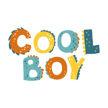 Dinozor harfleri. Havalı çocuk. Dino mektupları. Karikatür İskandinav tarzında vektör çizimi. Doğum günü davetiyesi için çocuksu tasarım ya da bebek partisi, poster, kıyafet, çocuk odası duvar sanatı ve kart..