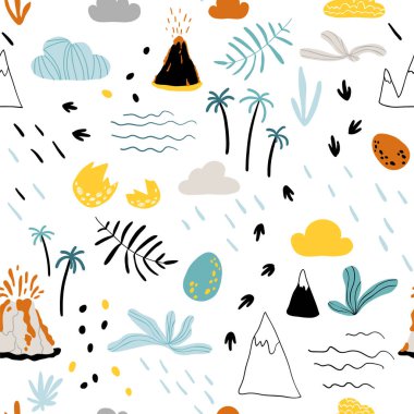 Dağlar, volkanlar, palmiyeler, bulutlar, dinazor yumurtaları ve ayak izleri olan tropik Jurasik manzara. İskandinav tarzında Şirin Bebek Vektör İllüzyonu. Kumaş için çocuksu arkaplan.