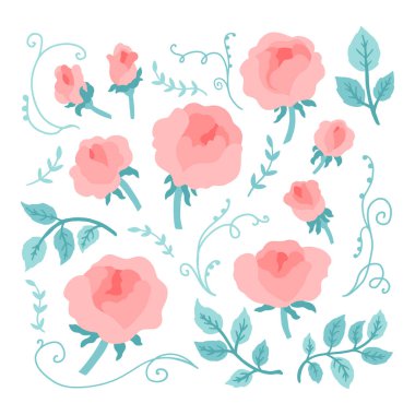 Güller şakayık çizgi film seti. Beyaz arkaplanda el yapımı vektör çizimi izole edildi. Tasarımınız, davetiyeleriniz, düğün dekorasyonunuz vs. için pastel palette renkli şirin çiçekler.