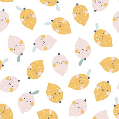 Limonlar pastel palette pürüzsüz ve dağınık bir desen ile karşı karşıya. Şirin karakterlerin saf el çizimi temsilcisi. Bebek tekstil ürünleri, duvar kağıdı, kumaş, yapıştırma kitabı için ideal