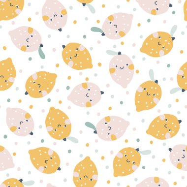 Limonlar pastel palette pürüzsüz ve dağınık bir desen ile karşı karşıya. Puantiyeli arka planda şirin karakterlerin saf el çizimi. Bebek tekstil ürünleri, duvar kağıdı, kumaş, yapıştırma kitabı için ideal