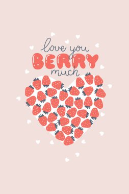 Kalpli ve harfli kırmızı çilekler. Seni çok seviyorum. Sevgililer günü kartı. İskandinav tarzında çizilmiş saf bir el çizimi. Beyaz arkaplanda izole et