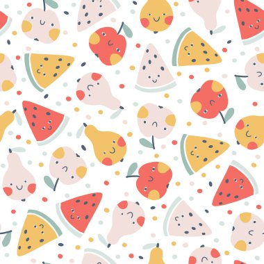 Tropikal meyvesiz desen. Basit bir el çizimi ile gülümseyen sevimli meyve karakterleri olan çocuksu bir vektör karikatürü. Puantiyeli beyaz arkaplan üzerindeki pastel renkler
