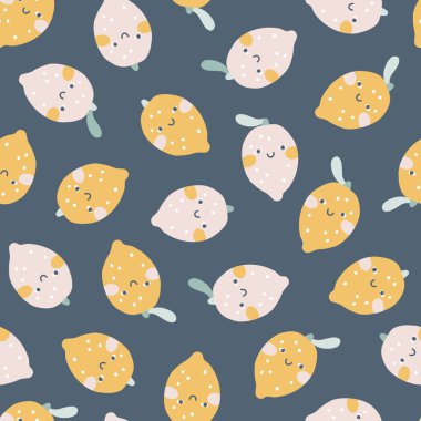 Limonlar pastel palette pürüzsüz ve dağınık bir desen ile karşı karşıya. Puantiyeli arka planda şirin karakterlerin saf el çizimi. Bebek tekstil ürünleri, duvar kağıdı, kumaş, yapıştırma kitabı için ideal