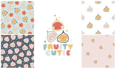 Gülen suratlı, komik yazıtlı incir karakter. Meyveli şeker şey. Puantiyeli kusursuz desenli bir set. Safça çizilmiş bir çizgi film karalaması. Pasteldeki vektör illüstrasyonları